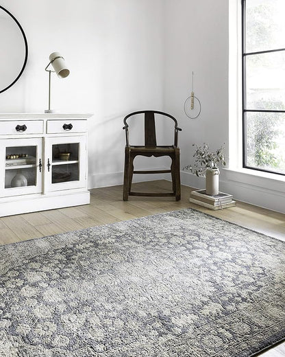 Loloi Teagan Collection TEA-01 Denim/Mist 6'-7" x 9'-2" Area Rug, Large, Soft Neutral Rug, High-Traffic for Living Room, Bedroom, Home Office, Dining Area