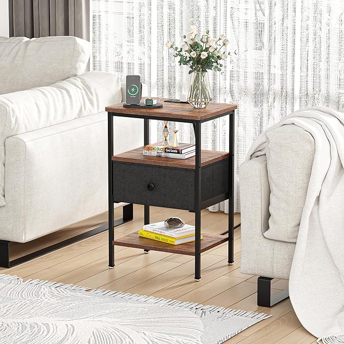 VECELO Night Stand with Charging Station, End Tables with Open Storage Shelf, Bed Side Tables with Fabric Drawers for Bedroom,Living Room,Rustic Brown