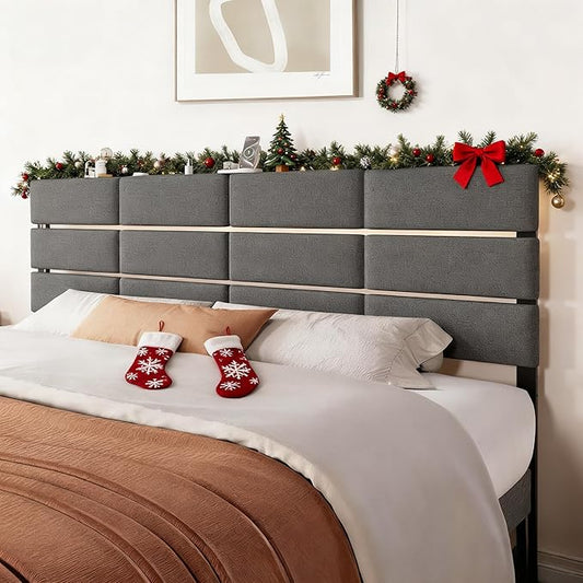 Full/Queen Size Upholstered Headboard, Adjustable Head boards with LED Light & Charging Station, Bed Headboard Only, Attach Frame, Study & Comfortable, Ideal for Bedroom, Dorm, Guest Room, Dark Grey