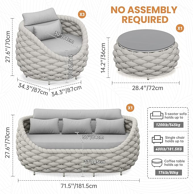 5 Pieces Porch Patio Conversation Set: Hand Woven Rope, Rusrproof Aluminum Frame, Weather Resistant, Thick Cushions, No Assembly Furniture, Comfy Outdoor Sofa Set for Deck Yard Lawn Hotel - Gray