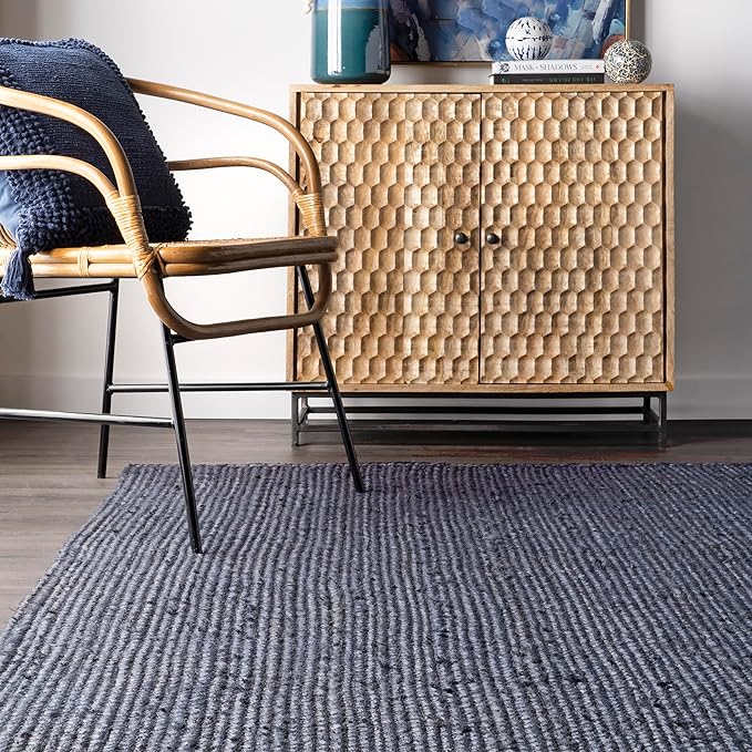 nuLOOM 4x6 Rigo Jute Hand Woven Area Rug, Navy, Solid Farmhouse Design, Natural Fiber, For Bedroom, Living Room, Dining Room, Hallway, Office, Kitchen, Entryway