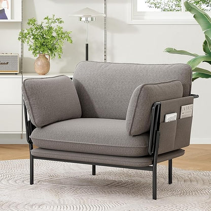 Modern Accent Chair for Living Room, Oversized Reading Chair with Solid Metal Legs, Upholstered Fabric Armchair with Side Pockets and 2 Pillows, Comfy Accent Chairs for Bedroom, Nursery, Khaki