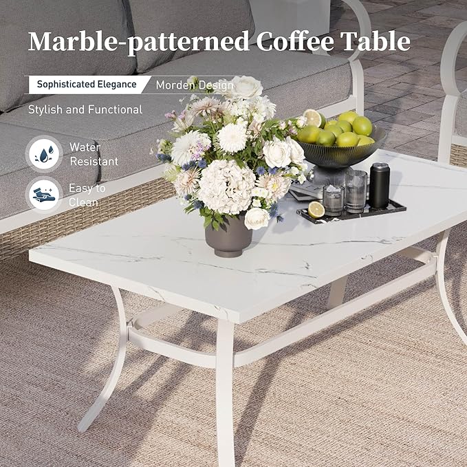 6 Piece Metal Outdoor Patio Furniture Set, Patio Conversations Set 3-Seater Couch, 2-Seater Sofa, 2 Swivel Sofa with 5.75" Thick Cushion and Coffee Table White Backyard Furniture, Gray