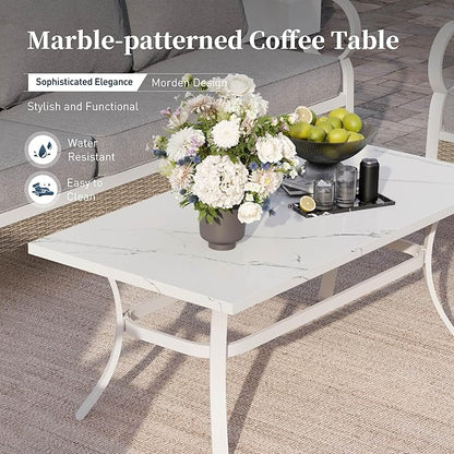6 Piece Metal Outdoor Patio Furniture Set, Patio Conversation Set with 1 3-Seater Couch, 2 Fixed Sofa with 5.75" Thick Cushion and Coffee Table, White and Gray Backyard Furniture