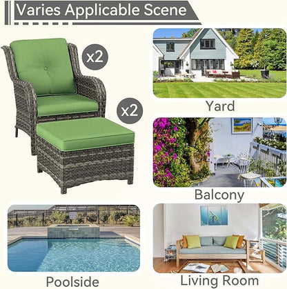 4 Pieces Patio Conversation Set, Wicker Chairs Set of 2 and Two Ottomans with 3.5-inch Seat Cushions, High Back and Curved Armrest for Backyard, Balcony and Deck, Green