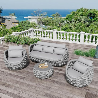 Woven Rope Patio Furniture Set: 4 Pieces Aluminum Outdoor Conversation Sofa Set Assembled - Modern Couch Set Cushioned - All Weather Metal Porch Seating for 5 Person Deck Garden Pool Hotel, Gray