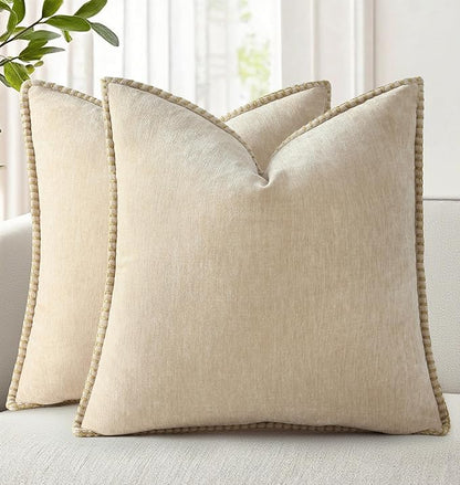 decorUhome Chenille Soft Throw Pillow Covers 22x22 Set of 2, Farmhouse Velvet Neutral Decorative Euro Pillow Covers with Stitched Edge for Couch Sofa Bed Home Decor, Beige