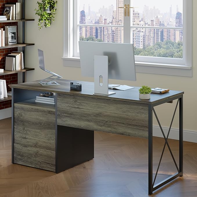 Bestier Office Desk with Drawers, 55 inch Industrial Computer Desk with Storage, Wood Teacher Desk with Keyboard Tray & File Drawer for Home Office, Dark Gray Oak