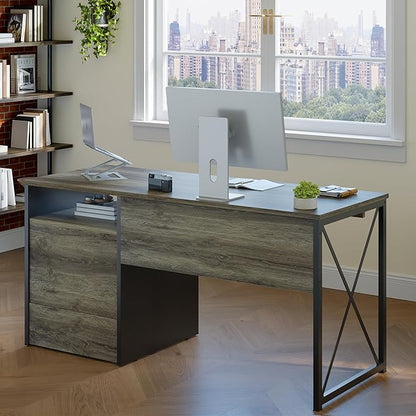 Bestier Office Desk with Drawers, 55 inch Industrial Computer Desk with Storage, Wood Teacher Desk with Keyboard Tray & File Drawer for Home Office, Dark Gray Oak