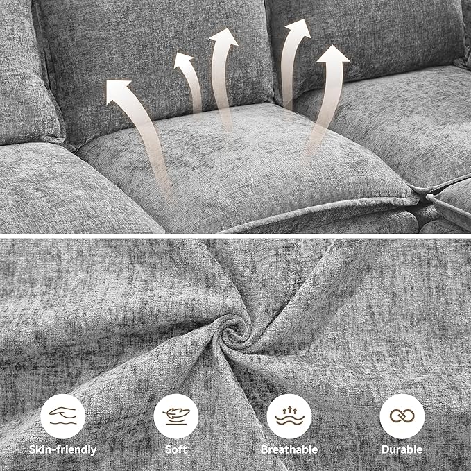 80"Cloud Modular 3 Seater Sofa with Storage Ottoman, Modern Upholstered Storage Sofa Couch Deep Seat, L Shape Sectional Sofa Chenille Comfy Couch with Armrests for Living Room, Small Space, Light Grey