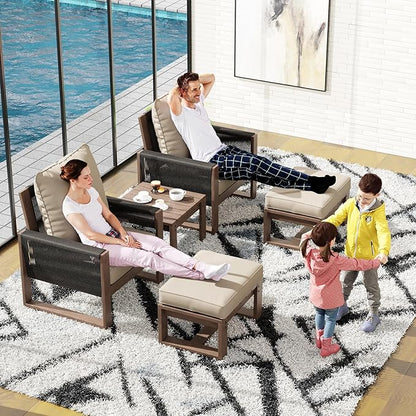 5 Piece Patio Bistro Chair Set with Ottoman, Wooden Outdoor Patio Furniture Set, Patio Wicker Chairs with Coffee Tables for Balcony Deck Backyard