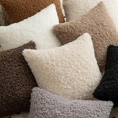 Pack of 2 Curly Teddy Wool Faux Fur Throw Pillow Covers Fuzzy Accent Soft Sherpa Pillowcases Sheepskin Fleece Decorative Cushion Case for Sofa Couch Living Room 12x20 Inch Neutral Light Beige