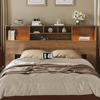 Apicizon King Size Headboard Only, King Bookcase Headboard with Charging Station for Bedroom, Storage Bookcase with USB & 2 Power Outlets, Brown