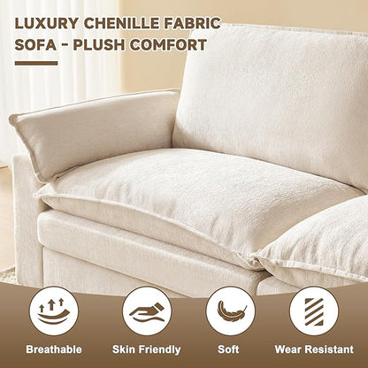 114 Inch Modular Couch Sectionals with Ottoman, Big Comfy Cloud Couches, L Shaped 4 Seat Modular Sectional Sofa, Modern Cloud Sectional Couches for Living Room, Deep Seat Sofa, Beige