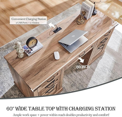 RedLemon 60" Farmhouse Executive Desk, Home Office Desk with Drawers, Charging Station, Keyboard Tray, File Drawer, Storage Cabinet, Wood Rustic Computer Writing Desk (Natural Oak)