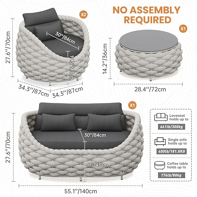 Aluminum Patio Furniture Set: 4 Pieces Woven Rope Outdoor Conversation Sofa Set Assembled - Modern Cushioned Armchair Couch Set for 660lbs Porch Deck Backyard Poolside Garden Drawing Room Hotel