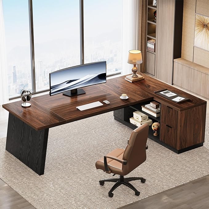 Tribesigns 78" L Shaped Executive Desk, Large Office Desk with Drawers and Storage Shelves, Modern Corner Computer Table Business Furniture for Home Office (Black & Brown)