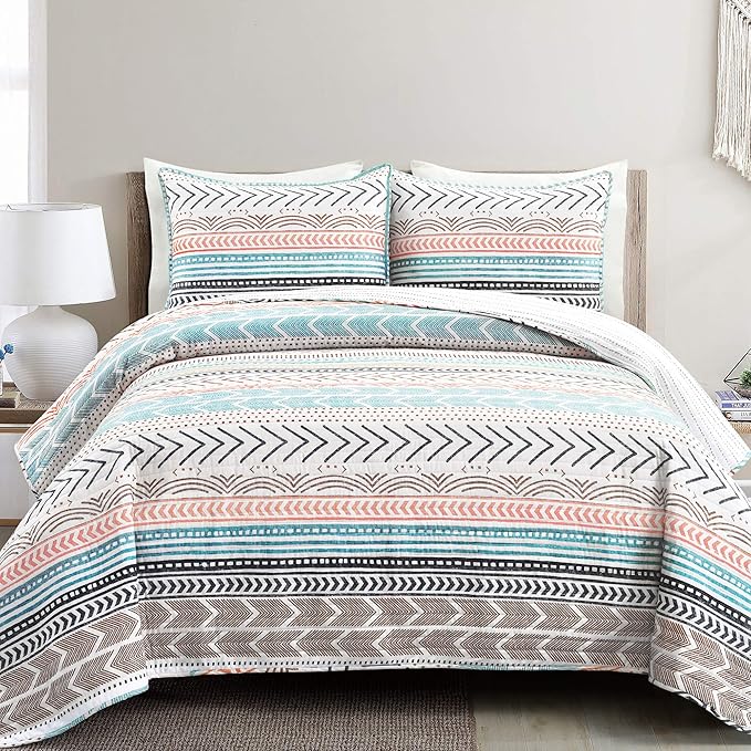 Lush Decor Hygge Geo Pattern Striped 3 Piece Quilt Bedding Set, Full/Queen, Neutral & Multicolored