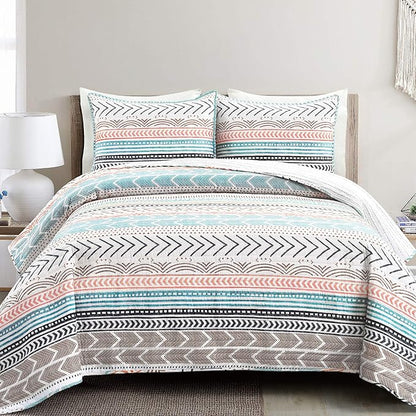 Lush Decor Hygge Geo Pattern Striped 3 Piece Quilt Bedding Set, Full/Queen, Neutral & Multicolored