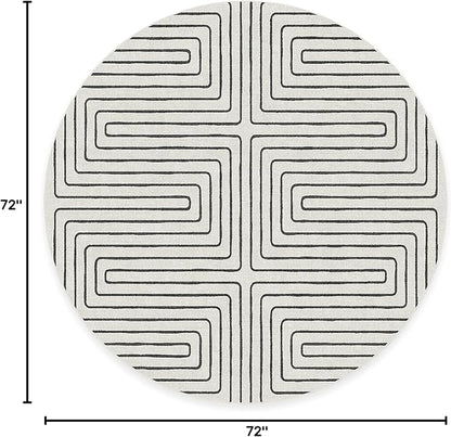 RUGGABLE x Jonathan Adler Machine Washable Area Rug – Labyrinth Black/Ivory 6 ft Round, Stain-Resistant, Non-Slip – Medium Rugs for Living Room, Bedroom, Hallway, Entryway & Office–with Standard Pad