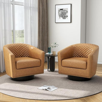 Pia Ricco Faux Leather Swivel Barrel Accent Chairs, 360° Swivel Round Single Sofa Chair, Comfy Upholstered Club Armchair with Nailhead Trim for Living Room/Reading Room/Bedroom, Coffee