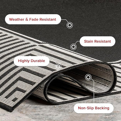 nuLOOM 5' x 8' Outdoor Area Rug, Casual Design With Striped Border, Stain Resistant, Highly Durable, For Patio, Balcony, Bedroom, Living Room, Dining Room, Bathroom, Black