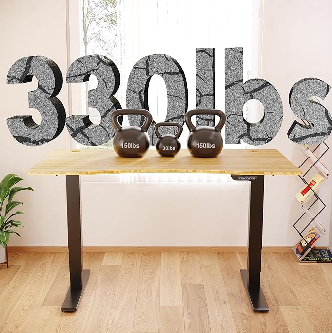 FLEXISPOT E6 MAX Bamboo 55x28 Inch Dual Motor 3-Stage Heavy Duty Standing Desk, 330lbs Weight Capacity, Height Adjustable Desk w/Cable Management & Wheels (Solid Bamboo Curved Desktop + Black Frame)