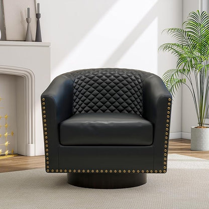 Pia Ricco Faux Leather Swivel Barrel Accent Chairs, 360° Swivel Round Single Sofa Chair, Comfy Upholstered Club Armchair with Nailhead Trim for Living Room/Reading Room/Bedroom, Black