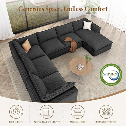 Vesgantti 141.7" Oversized Boneless Sectional Couch, Modern 7 Seater Modular Sofa with Chaise, Deep Seat Convertible Corduroy Cloud Couches for Living Room, No Assembly Required, Black