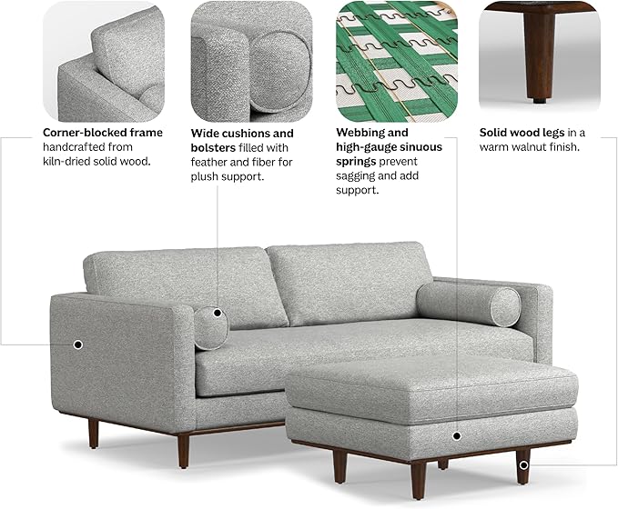 SIMPLIHOME Morrison Mid-Century Modern 89 inch Wide Sofa with Ottoman Set in Mist Grey Woven-Blend Fabric for the Living Room and Family Room