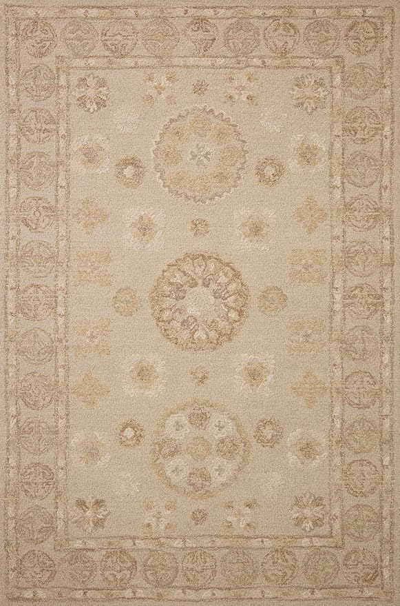 Loloi Chris Loves Julia Dorothea Collection DRT-03 Dove/Natural 3'-6" x 5'-6" Accent Rug Wool Neutral Floral Living Room Bedroom Carpet
