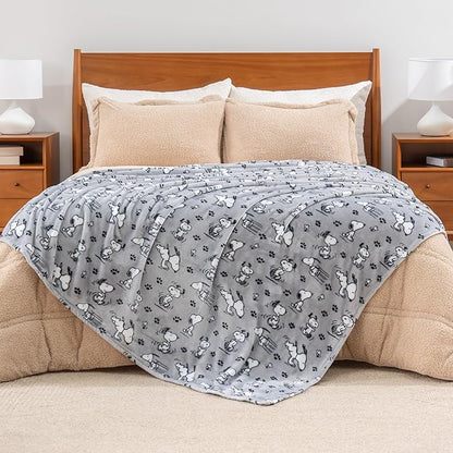Berkshire Blanket Peanuts® VelvetLoft® Cute Character Snoopy Plush Blanket,Peanuts Poses and Paws Grey,Full/Queen 90 in x 90 in (Official Peanuts® Product)