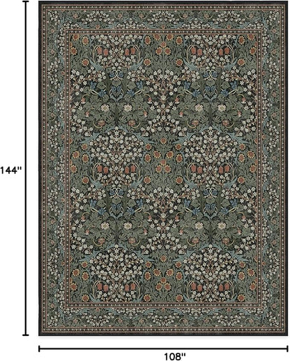 RUGGABLE x Morris & Co Washable Area Rug– Blackthorn Forest Green 9x12, Stain-Resistant, Non-Slip – Large Machine Washable Rugs for Living Room, Bedroom, Hallway, Entryway & Office–with Cushioned Pad