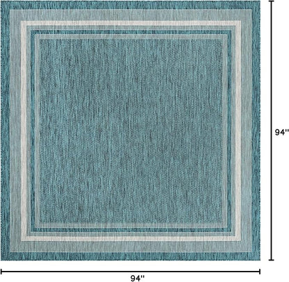 Unique Loom Outdoor Border Collection Area Rug - Soft Border (7' 10" Square, Teal/ Ivory)