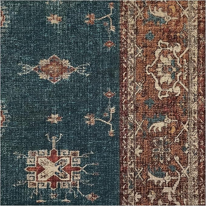 RUGGABLE Washable Vintage Area Rug – Verena Teal Blue 4x6, Stain-Resistant, Non-Slip – Medium Machine Washable Rugs for Living Room, Bedroom, Hallway, Entryway & Office–with Cushioned Pad