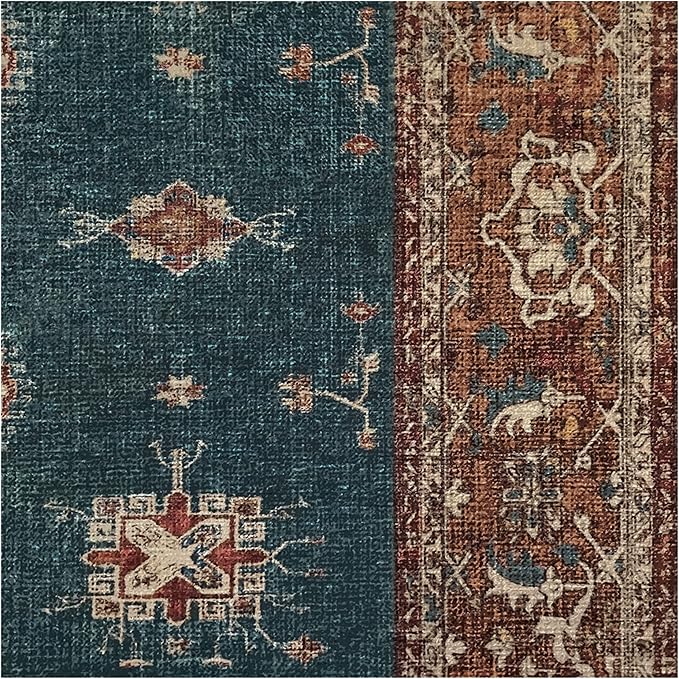 RUGGABLE Washable Vintage Runner Rug – Verena Teal Blue 2.5x7, Stain-Resistant, Non-Slip Hallway Runner – Machine Washable Rug for Hallway, Entryway, Living Room & Kitchen–with Standard Pad