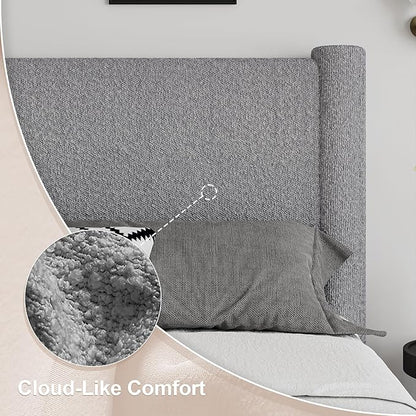 Twin Size Bed Frame, Boucle Upholstered Platform Bed with Headboard and Footboard, Soft Rounded Corners, No Box Spring Required, Easy Assembly, Light Grey
