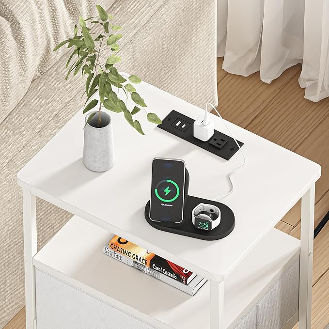 VECELO Night Stand Set 2, Nightstand with Charging Station, End Tables with Open Storage Shelf, Bed Side Tables with Fabric Drawers for Bedroom,Living Room,Elegant White