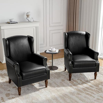 Faux Leather Wingback Accent Chairs Set of 2, High Back Upholstered Armchair, Comfy Fabric Wingback Arms Chairs with Solid Wood Legs, Single Sofa Reading Chair for Bedroom Living Room, Black