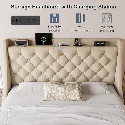 Full Size Upholstered Platform Bed Frame with 4 Storage Drawers and Charging Station, Linen Button Tufted Wingback Headboard, Sturdy Wooden Support Slats, No Box Spring Needed, Beige