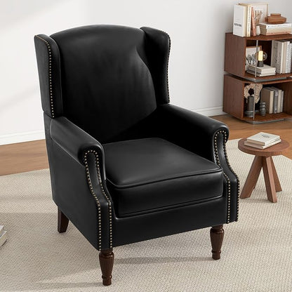 UIXE Faux Leather High Back Accent Chairs Set of 2, Upholstered Armchair for Living Room, Retro Wingback Arm Chair Nailhead Trim Single Sofa Bedroom Reading Seat with Solid Wood Legs - Black