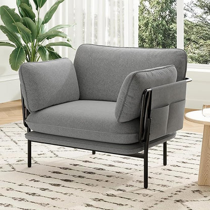 Modern Accent Chairs Set of 2, Oversized Living Room Chairs, Reading Chair with Solid Metal Legs, Fabric Armchair with Side Pockets and 2 Pillows, Accent Chairs for Bedroom, Nursery, Blue Gray