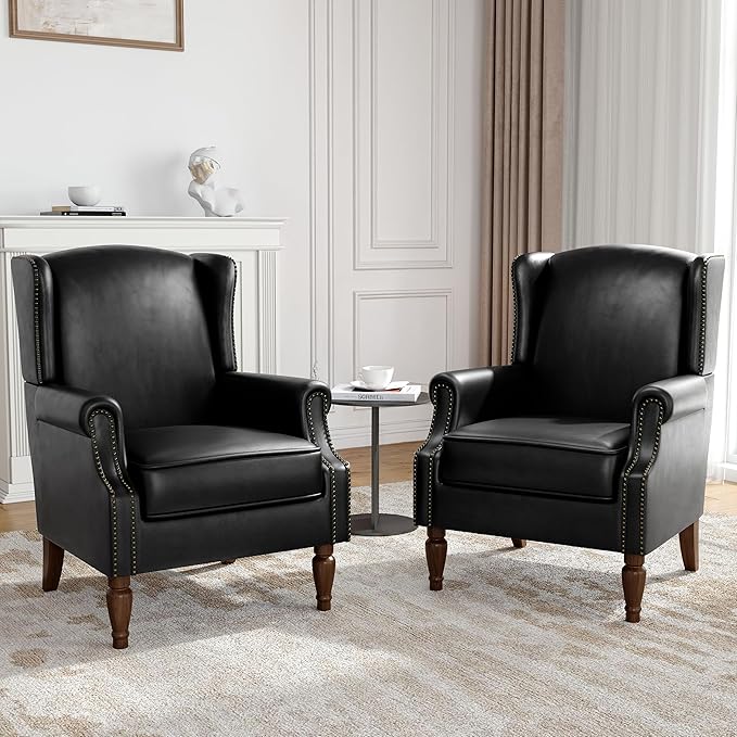 Faux Leather Wingback Accent Chairs Set of 2, High Back Upholstered Armchair, Comfy Fabric Wingback Arms Chairs with Solid Wood Legs, Single Sofa Reading Chair for Bedroom Living Room, Black