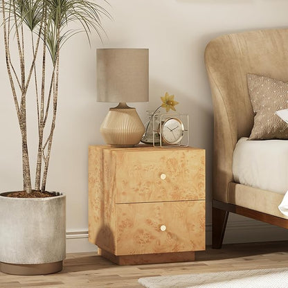 Modern 2 Drawer Nightstand with Elegant Burl Finish, Wood Bedside Table with Storage, Stylish Accent Side Table for Bedroom, Home Décor and Small Space Furniture