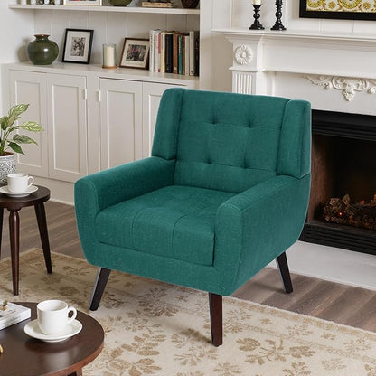 Accent Chairs Set of 2, Mid-Century Modern Upholstered Armchair, Comfy Fabric Living Room Chairs Reading Chairs with Button Tufted Back & Solid Wood Legs for Bedroom, Office, Light Blue