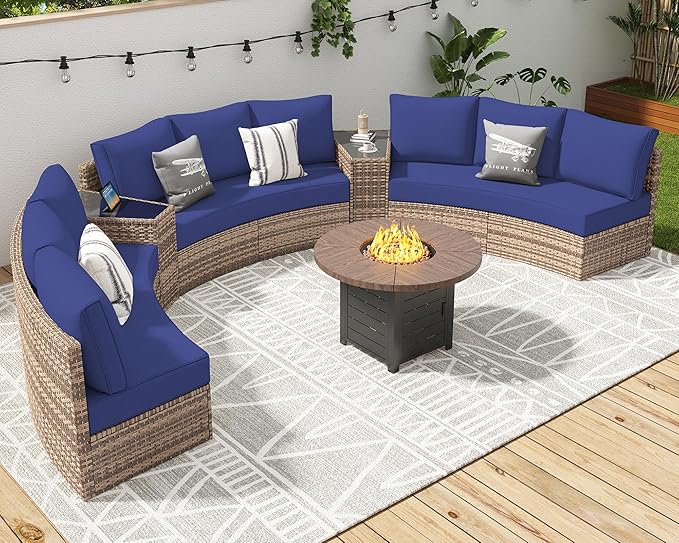 Patio Furniture Sets, 3 Piece Half-Moon Sectional Round Sofa Set, Outdoor Patio Furniture with Cushions for Beach, Pool, Balcony, Blue