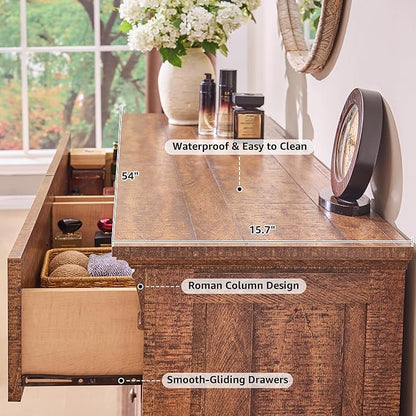 Farmhouse 6 Drawers Dresser for Bedroom, 54" Wide Large Dressers & Chests of Drawers w/Roman Column, Wooden Dresser TV Stand with Large Drawers for Bedroom Living Room Hallway,Reclaimed Barnwood