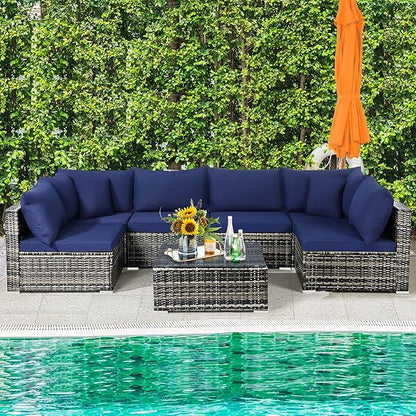 Tangkula 7 Pieces Patio Rattan Furniture Set, Patiojoy Outdoor Conversation Set with Cushions and Tempered Glass Coffee Table, All-Weather Sectional Sofa Set for Garden, Lawn, Backyard (Navy Blue)