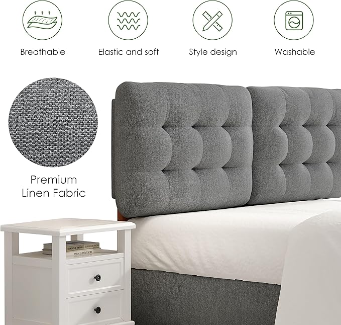 Upholstered Headboard Queen Size, Adjustable Height Queen Headboard Only from 39”to 44”with Durable Solid Wood Legs, Modern Button Diamond Fabric Bed Head Board with Width Adapters, Grey