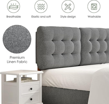 Upholstered Headboard Queen Size, Adjustable Height Queen Headboard Only from 39”to 44”with Durable Solid Wood Legs, Modern Button Diamond Fabric Bed Head Board with Width Adapters, Grey